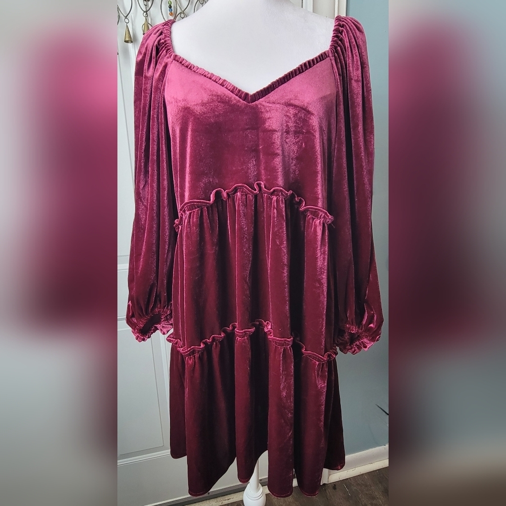 Betsey Johnson Velvet Tiered Babydoll Dress Womens S Tawney Port Long Puffed Sle